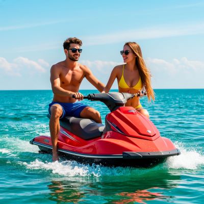 Парень и девушка катаются на квадроцикле в Новом Свете в Крыму